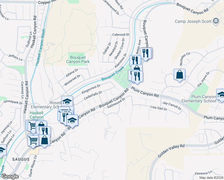 map of restaurants, bars, coffee shops, grocery stores, and more near 27900 Honeycomb Drive in Santa Clarita