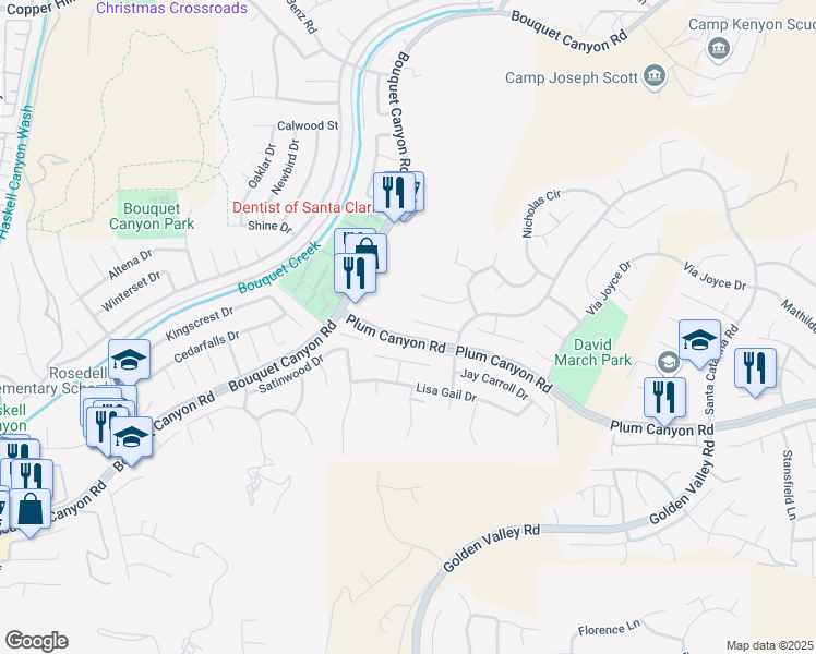 map of restaurants, bars, coffee shops, grocery stores, and more near 20558 Romar Lane in Santa Clarita