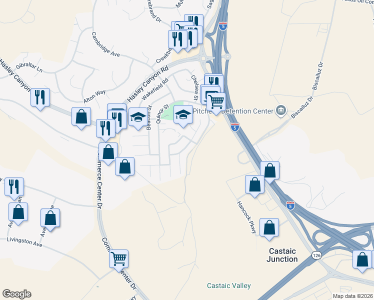 map of restaurants, bars, coffee shops, grocery stores, and more near 27722 Buckskin Drive in Castaic