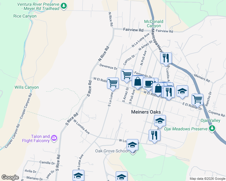 map of restaurants, bars, coffee shops, grocery stores, and more near 140 South La Luna Avenue in Ojai