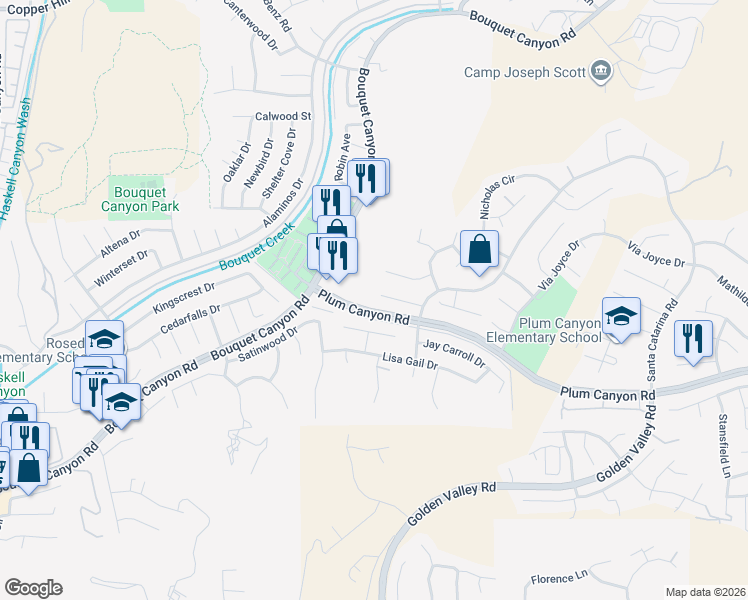 map of restaurants, bars, coffee shops, grocery stores, and more near 20554 Romar Lane in Santa Clarita