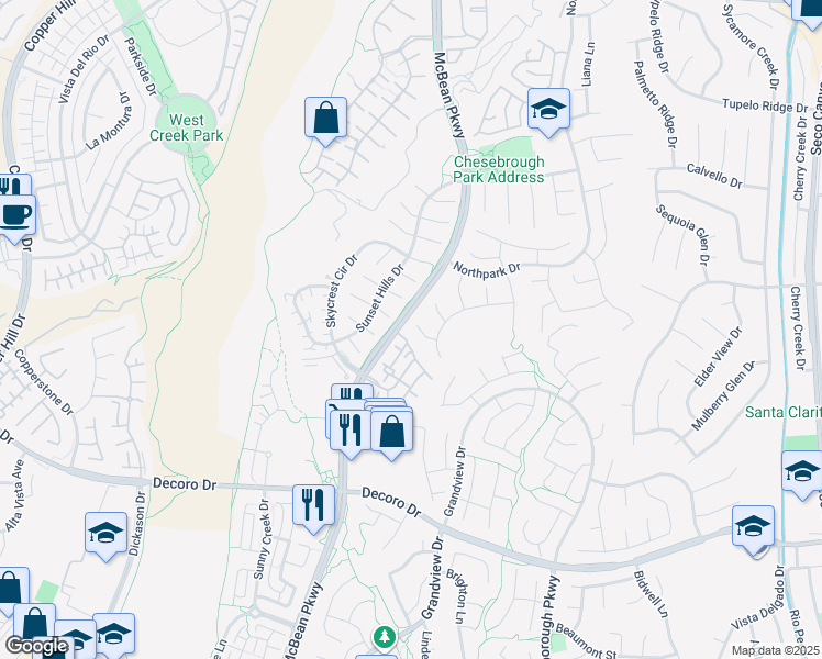 map of restaurants, bars, coffee shops, grocery stores, and more near 27831 Silverton Court in Santa Clarita