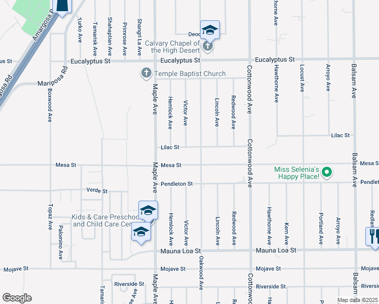 map of restaurants, bars, coffee shops, grocery stores, and more near 14639 Lilac Street in Hesperia