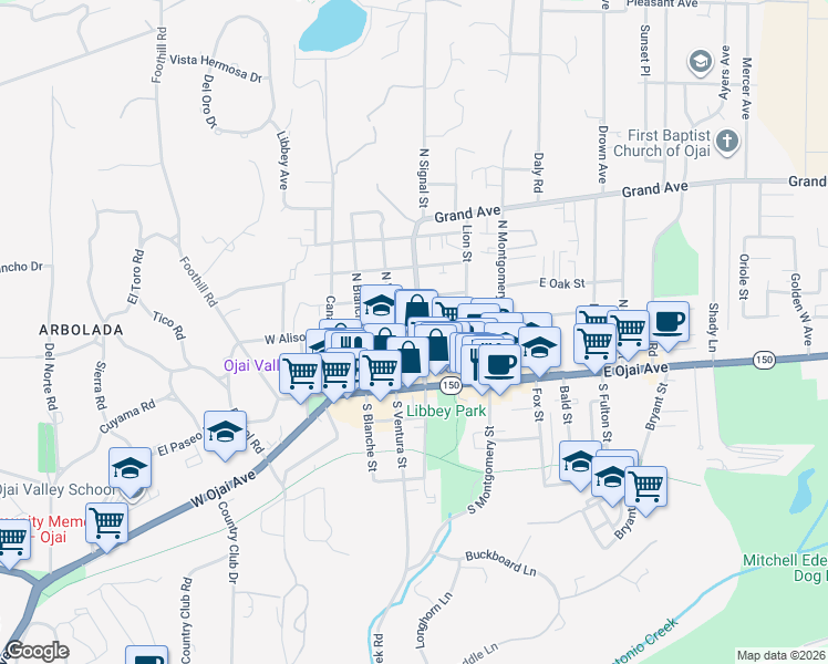 map of restaurants, bars, coffee shops, grocery stores, and more near 211 North Signal Street in Ojai