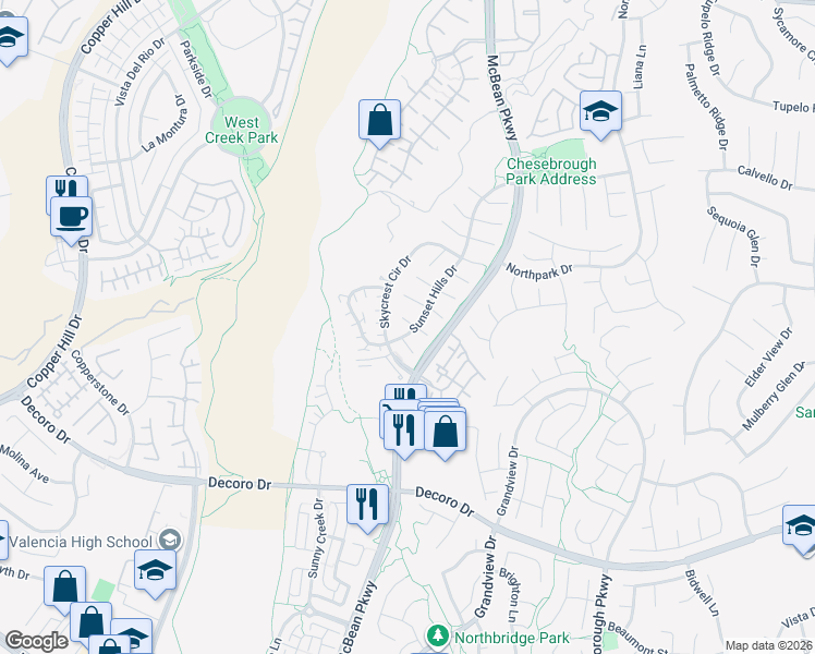 map of restaurants, bars, coffee shops, grocery stores, and more near 27825 Sunset Hills Drive in Santa Clarita