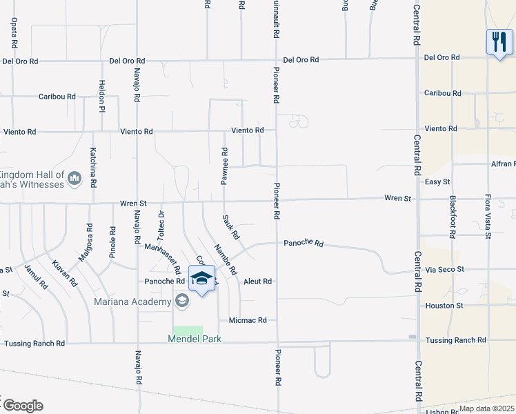map of restaurants, bars, coffee shops, grocery stores, and more near 22047 Wren Street in Apple Valley