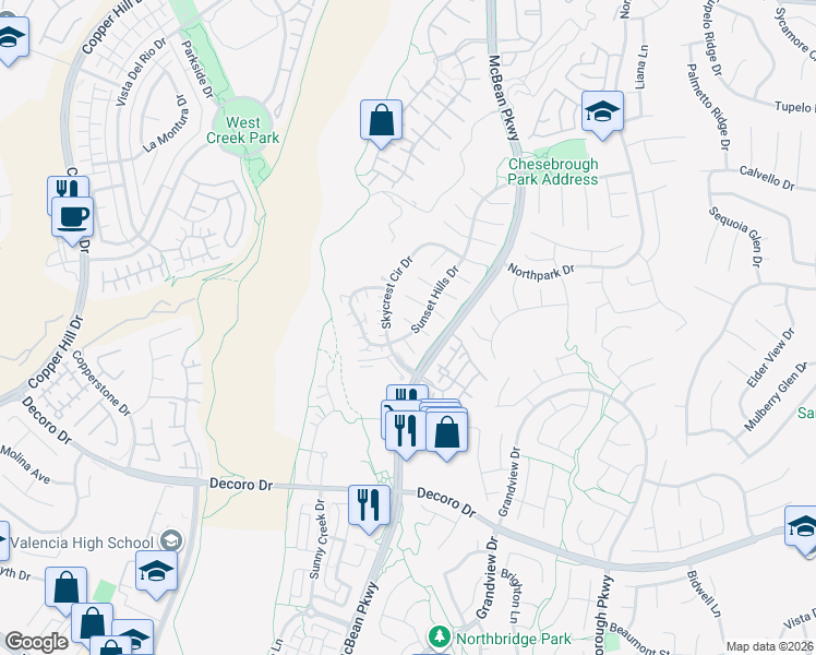 map of restaurants, bars, coffee shops, grocery stores, and more near 27825 Sunset Hills Drive in Santa Clarita