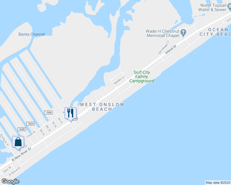 map of restaurants, bars, coffee shops, grocery stores, and more near 2006 Wicker Street in North Topsail Beach