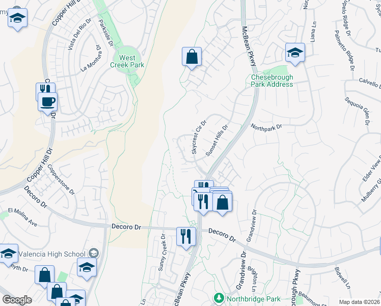 map of restaurants, bars, coffee shops, grocery stores, and more near 27849 Skycrest Circle Drive in Santa Clarita