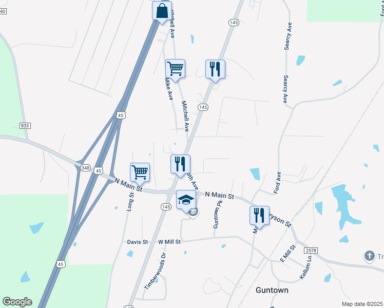 map of restaurants, bars, coffee shops, grocery stores, and more near 100 Booth Avenue in Guntown