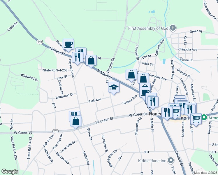 map of restaurants, bars, coffee shops, grocery stores, and more near 107 Brock Avenue in Honea Path
