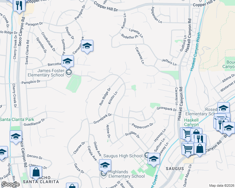 map of restaurants, bars, coffee shops, grocery stores, and more near 27720 Kristin Lane in Santa Clarita