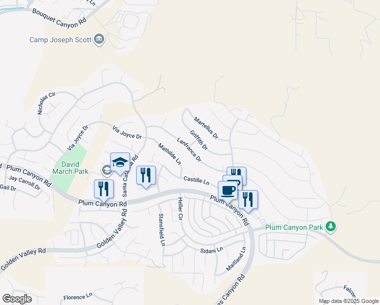 map of restaurants, bars, coffee shops, grocery stores, and more near 19556 Lanfranca Drive in Santa Clarita