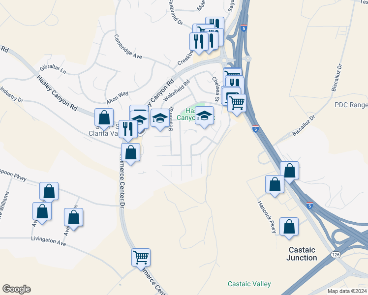 map of restaurants, bars, coffee shops, grocery stores, and more near 29218 Quincy Street in Castaic
