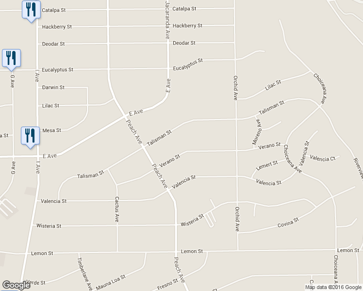 map of restaurants, bars, coffee shops, grocery stores, and more near 18292 Verano Street in Hesperia