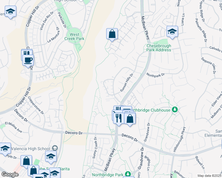 map of restaurants, bars, coffee shops, grocery stores, and more near 27849 Skycrest Circle Drive in Santa Clarita