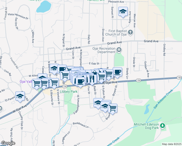 map of restaurants, bars, coffee shops, grocery stores, and more near 602 East Ojai Avenue in Ojai
