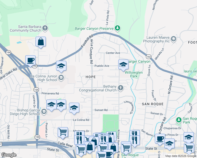 map of restaurants, bars, coffee shops, grocery stores, and more near 609 Rolling Brook Lane in Santa Barbara