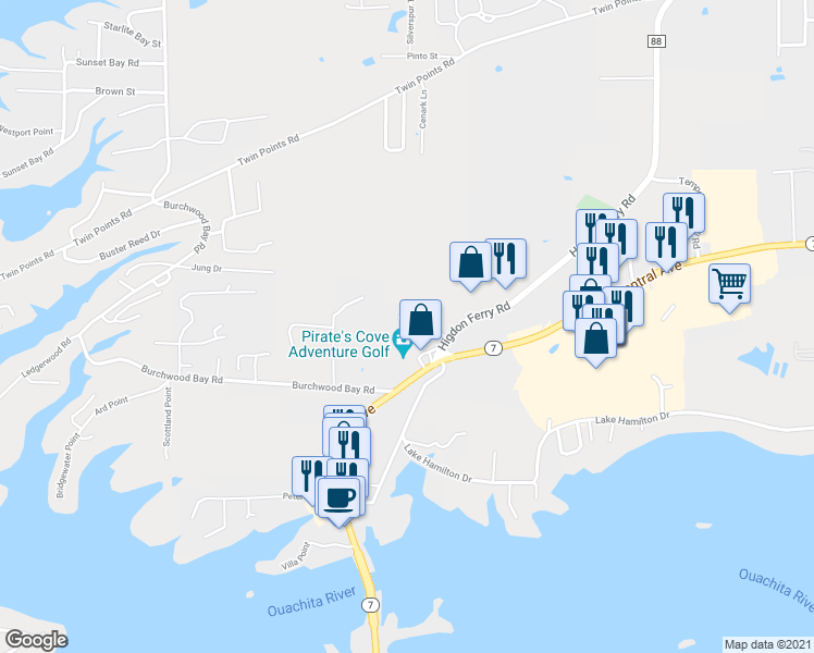 map of restaurants, bars, coffee shops, grocery stores, and more near 4600 Central Avenue in Hot Springs
