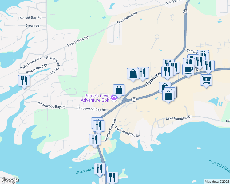 map of restaurants, bars, coffee shops, grocery stores, and more near 2190 Higdon Ferry Road in Hot Springs National Park