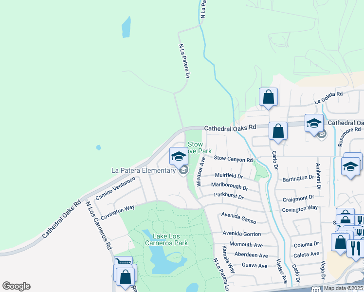 map of restaurants, bars, coffee shops, grocery stores, and more near 6405 La Patera Place in Goleta