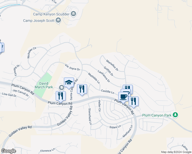 map of restaurants, bars, coffee shops, grocery stores, and more near 19669 Mathilde Lane in Santa Clarita