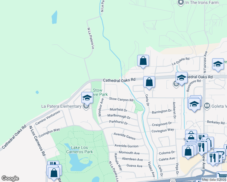 map of restaurants, bars, coffee shops, grocery stores, and more near 6288 Stow Canyon Road in Goleta