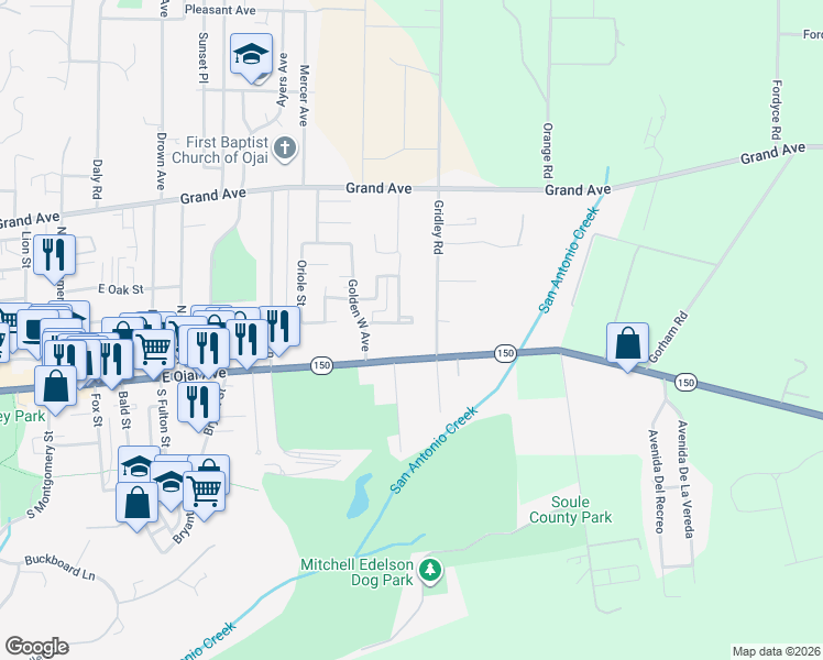 map of restaurants, bars, coffee shops, grocery stores, and more near 1309 Gregory Street in Ojai