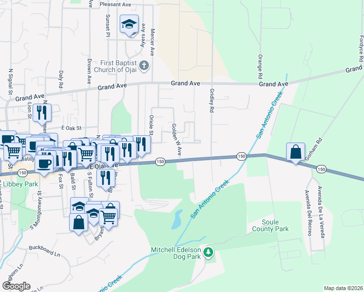 map of restaurants, bars, coffee shops, grocery stores, and more near 1201 Gregory Street in Ojai