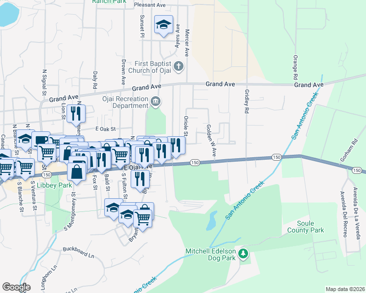 map of restaurants, bars, coffee shops, grocery stores, and more near 216 Oriole Street in Ojai