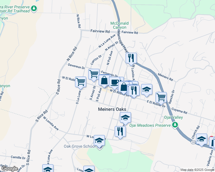 map of restaurants, bars, coffee shops, grocery stores, and more near 151 North Alvarado Street in Ojai