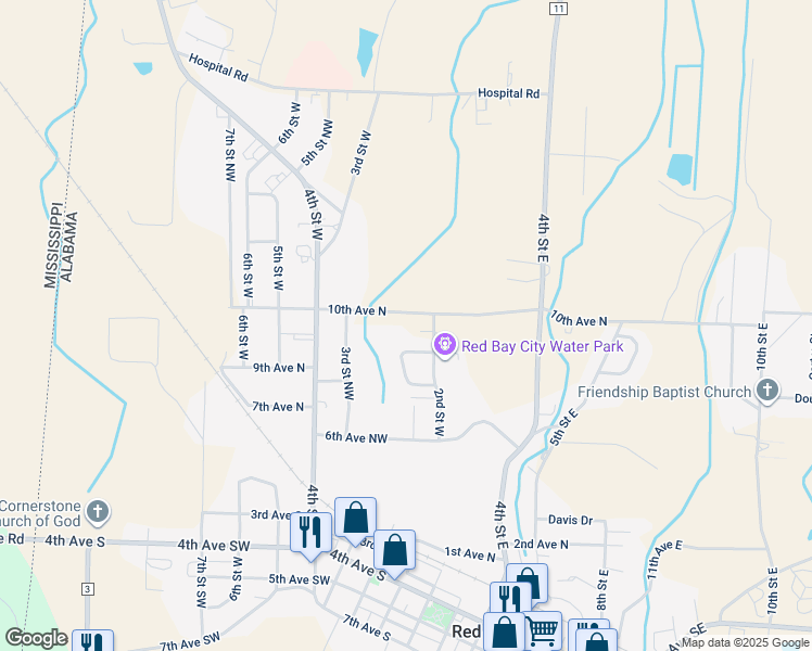 map of restaurants, bars, coffee shops, grocery stores, and more near 106 10th Avenue Northwest in Red Bay