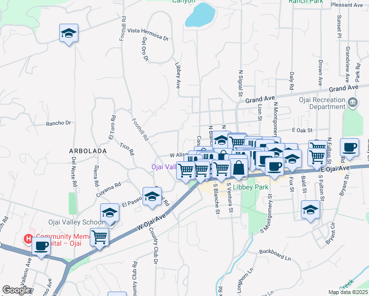 map of restaurants, bars, coffee shops, grocery stores, and more near West Aliso Street in Ojai