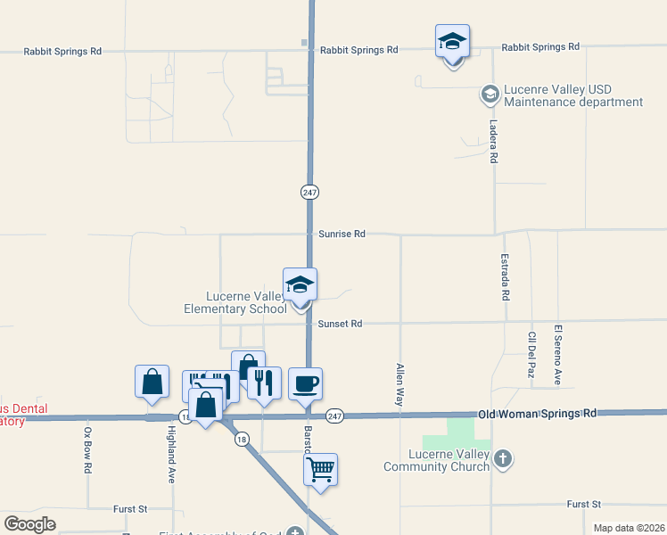 map of restaurants, bars, coffee shops, grocery stores, and more near 32901-33099 Sunrise Road in Lucerne Valley
