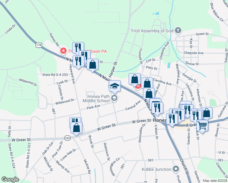 map of restaurants, bars, coffee shops, grocery stores, and more near 8 Brock Avenue in Honea Path
