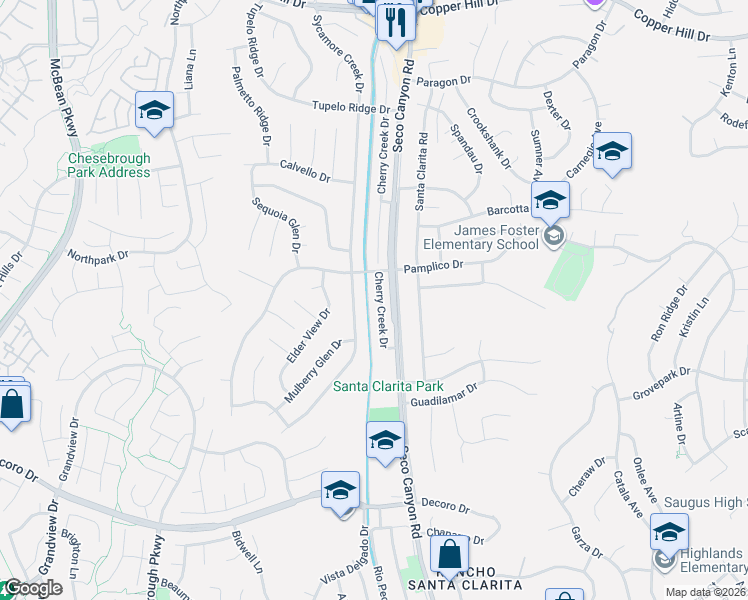 map of restaurants, bars, coffee shops, grocery stores, and more near 27465 Cherry Creek Drive in Santa Clarita