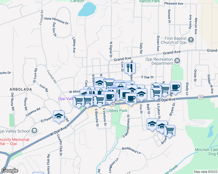 map of restaurants, bars, coffee shops, grocery stores, and more near 312 North Ventura Street in Ojai