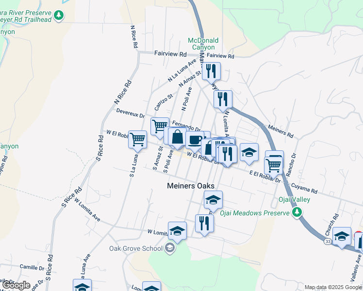 map of restaurants, bars, coffee shops, grocery stores, and more near 151 North Alvarado Street in Ojai