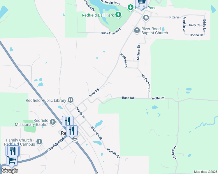 map of restaurants, bars, coffee shops, grocery stores, and more near 405 River Road in Redfield