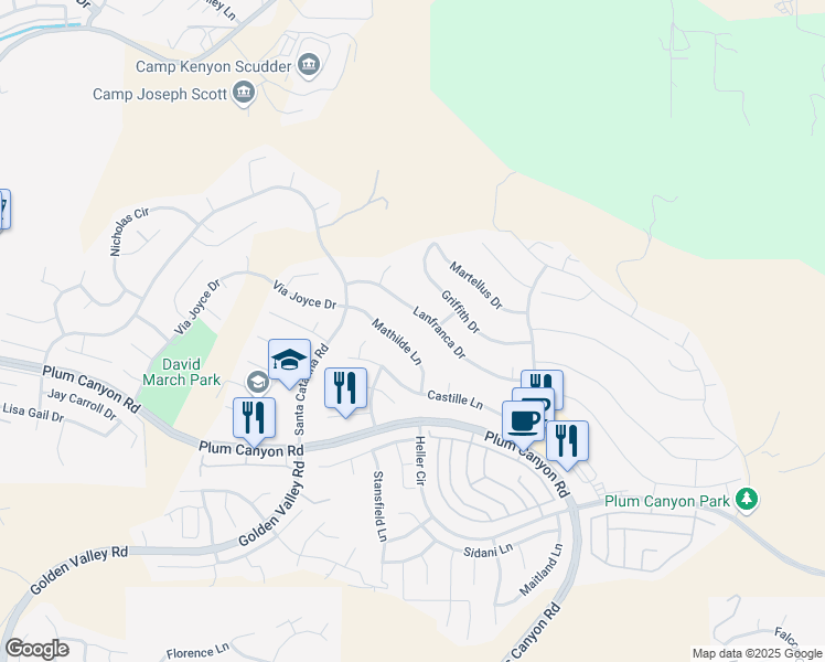 map of restaurants, bars, coffee shops, grocery stores, and more near 19669 Mathilde Lane in Santa Clarita
