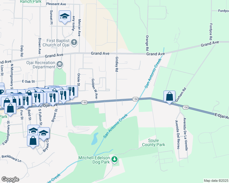 map of restaurants, bars, coffee shops, grocery stores, and more near 217 Gridley Road in Ojai