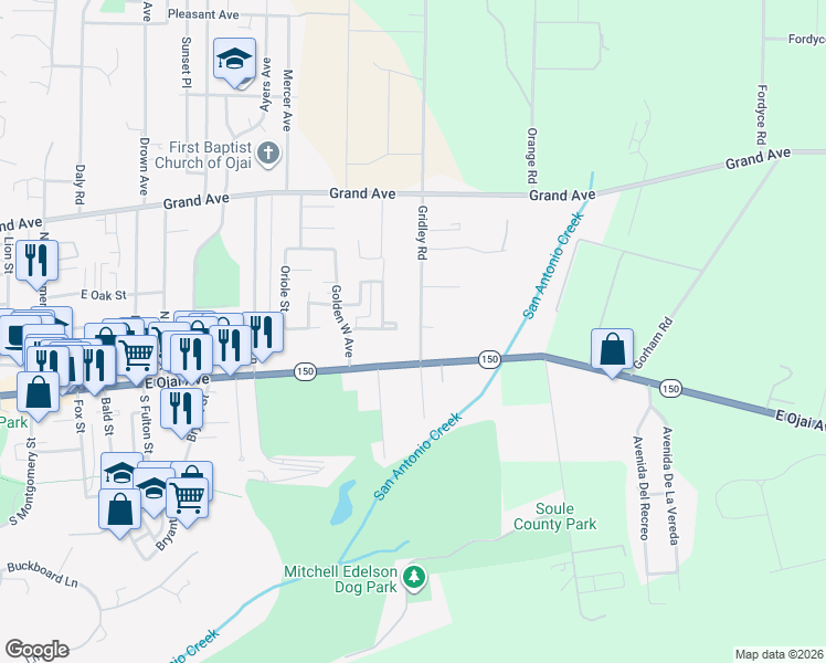 map of restaurants, bars, coffee shops, grocery stores, and more near 217 Gridley Road in Ojai