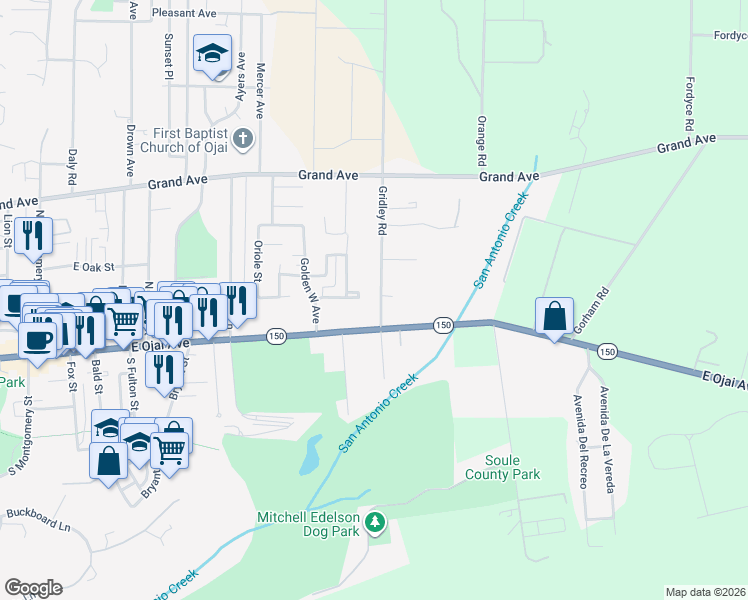 map of restaurants, bars, coffee shops, grocery stores, and more near 251 Gridley Road in Ojai