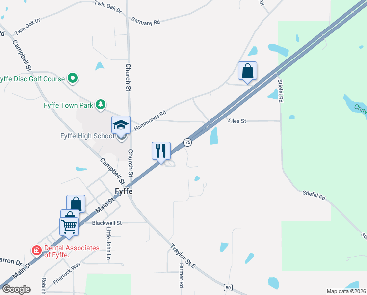 map of restaurants, bars, coffee shops, grocery stores, and more near 102 Denham Creek Drive in Fyffe