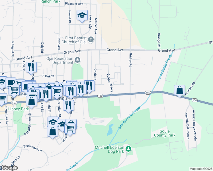 map of restaurants, bars, coffee shops, grocery stores, and more near 1121 Sunnyglenn Avenue in Ojai