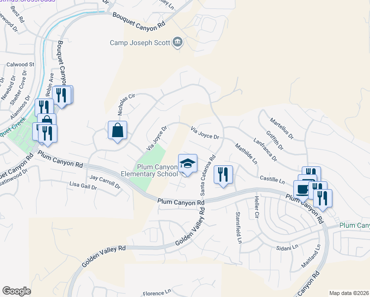 map of restaurants, bars, coffee shops, grocery stores, and more near 19969 Rhona Place in Santa Clarita