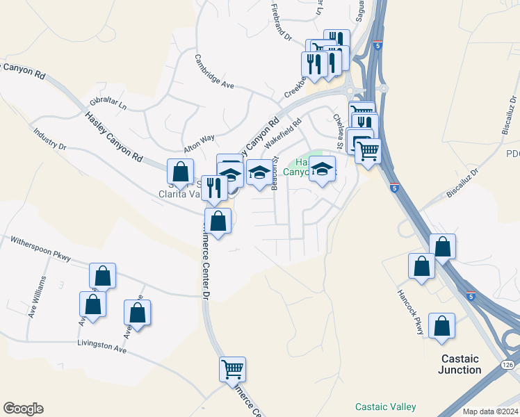 map of restaurants, bars, coffee shops, grocery stores, and more near 28029 Woodstock Avenue in Castaic