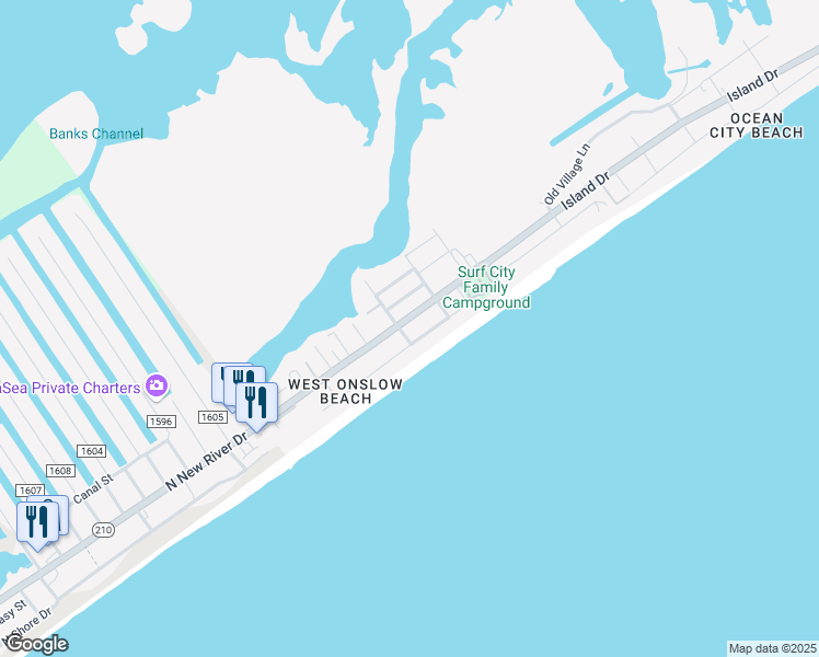 map of restaurants, bars, coffee shops, grocery stores, and more near 2374 Island Drive in North Topsail Beach