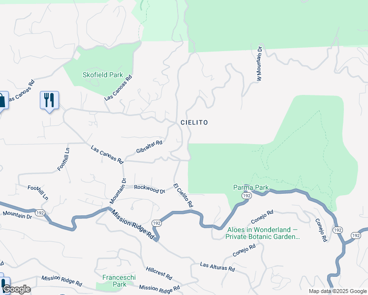 map of restaurants, bars, coffee shops, grocery stores, and more near 272 El Cielito Road in Santa Barbara