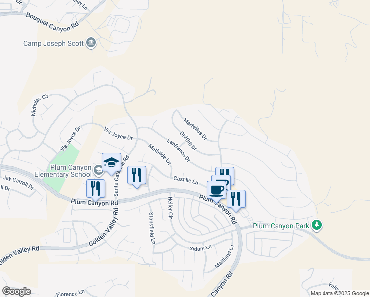 map of restaurants, bars, coffee shops, grocery stores, and more near 19614 Griffith Drive in Santa Clarita